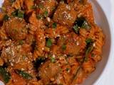 A picture of Fusilli with Plant-Based Meatballs in Creamy Tomato Sauce.