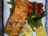 A picture of Pan Seared Salmon with Baked Vegetables.