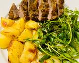 A picture of step 6 of Pesto, Crusted Lamb Steak and Roast Potatoes with broccoli salad.