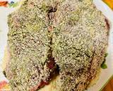 A picture of step 3 of Pesto, Crusted Lamb Steak and Roast Potatoes with broccoli salad.